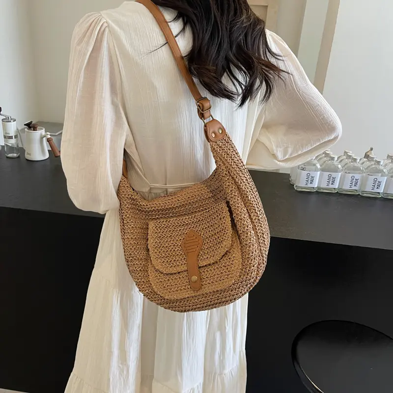 Leisure high-capacity seaside beach vacation grass woven bag for women's 2024 new versatile crossbody bag woven shoulder bag