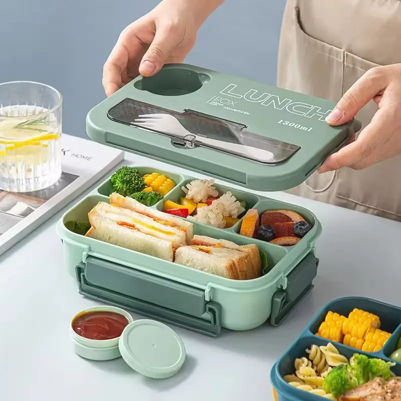 1300ML 4Grids Lunch Box with Tableware Microwavable Dishwasher Cleaning Hermetic Bento Box for Students Adults School Office