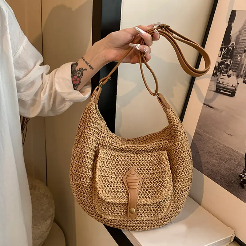 2024 Summer Beach Straw Handbags and Purses Weave Tote Bag Female Bohemian Shoulder Bags for Women Lady Travel Shopping Bags