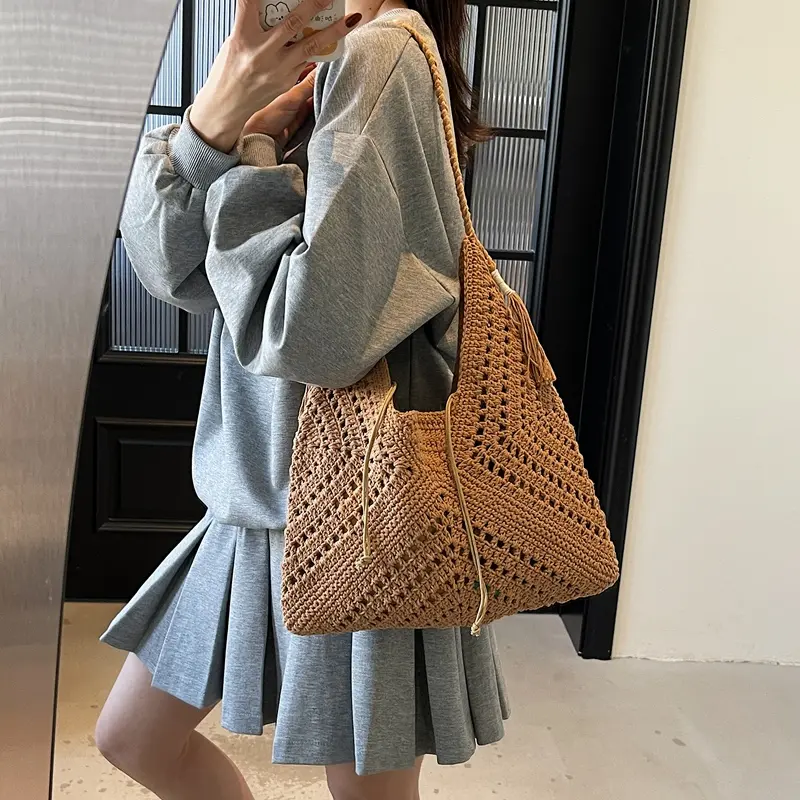Crochet 2-IN-1 Shoulder Bag Set For Women Raffia Boho Rattan Summer Beach Vacation Tote Bags Knitted Design Handbags Female 2025
