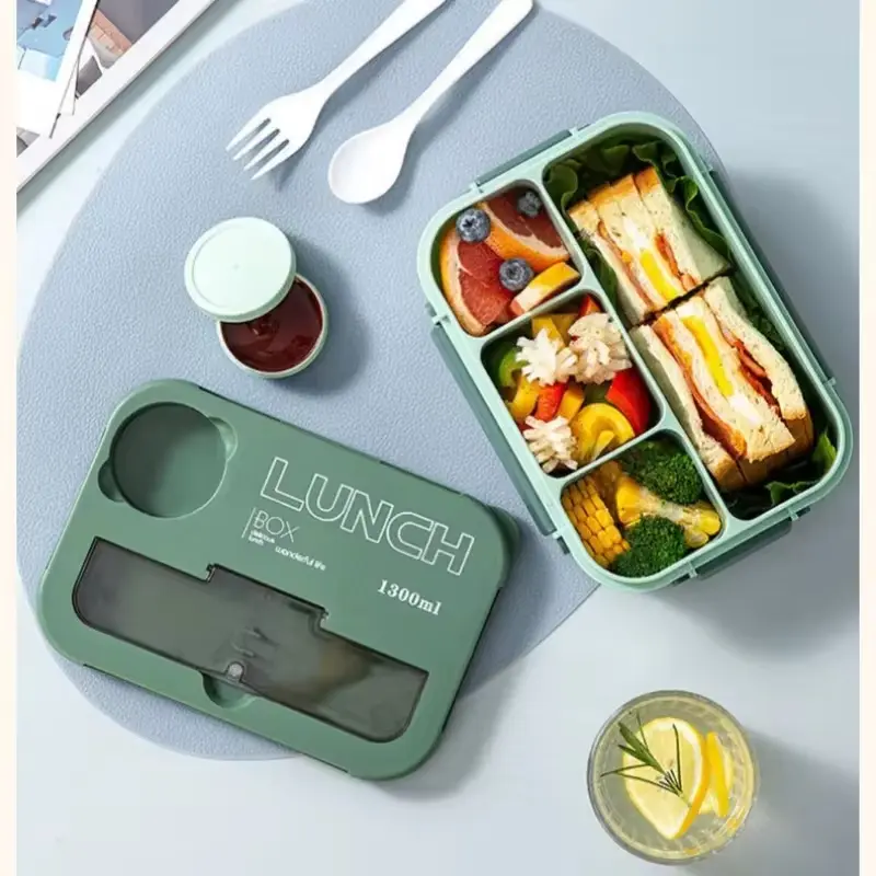 1300ML 4Grids Lunch Box with Tableware Microwavable Dishwasher Cleaning Hermetic Bento Box for Students Adults School Office