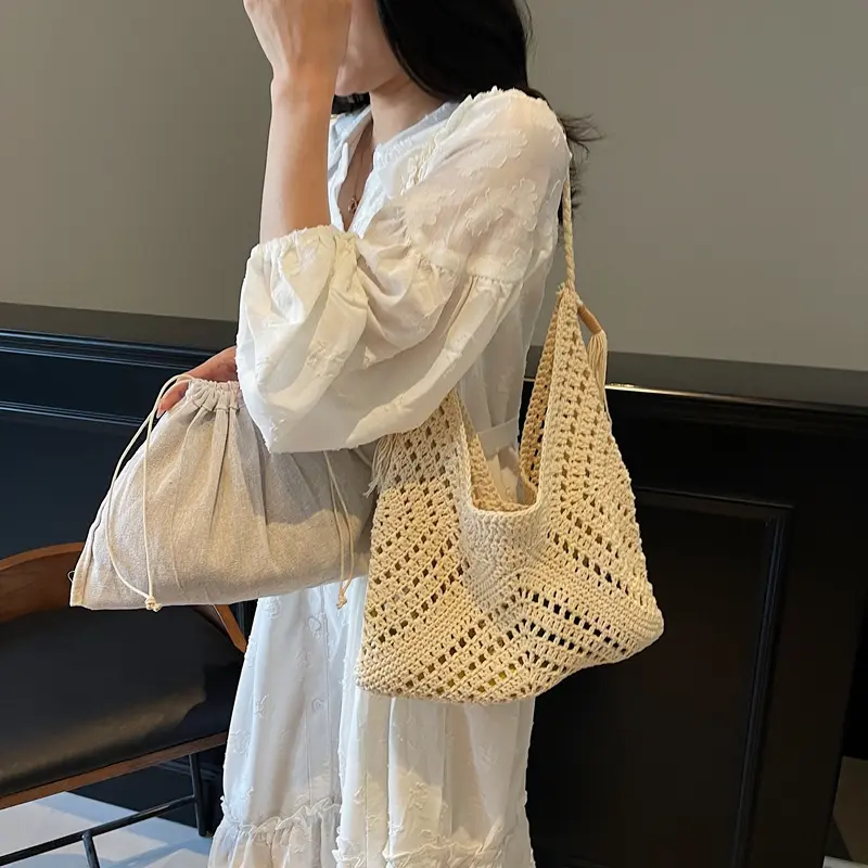 Crochet 2-IN-1 Shoulder Bag Set For Women Raffia Boho Rattan Summer Beach Vacation Tote Bags Knitted Design Handbags Female 2025