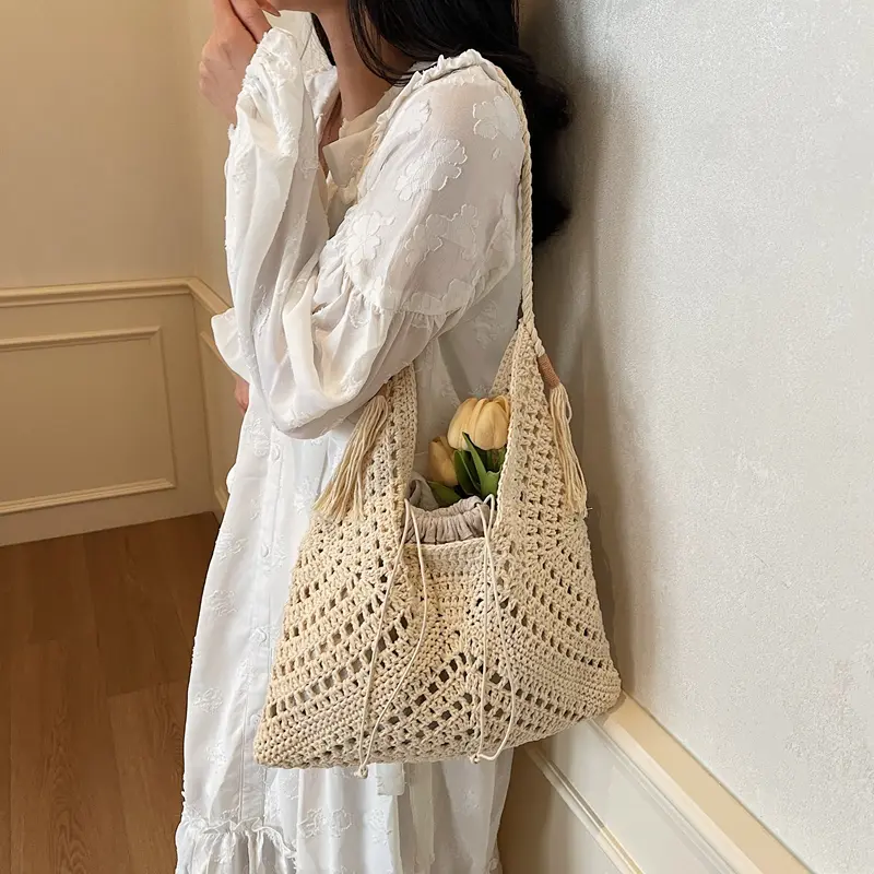 Crochet 2-IN-1 Shoulder Bag Set For Women Raffia Boho Rattan Summer Beach Vacation Tote Bags Knitted Design Handbags Female 2025