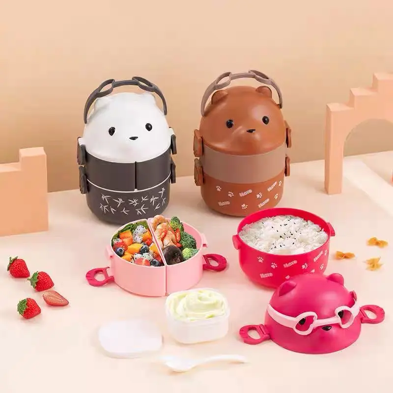 1600ML Eyeglass Bear Thermal Bento Lunch Box For Children Portable Double Layer Round Cartoon Microwave Food Storage Containers