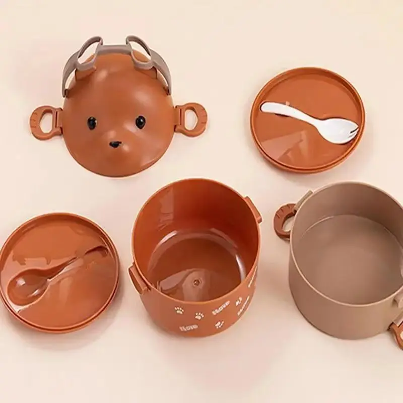 1600ML Eyeglass Bear Thermal Bento Lunch Box For Children Portable Double Layer Round Cartoon Microwave Food Storage Containers