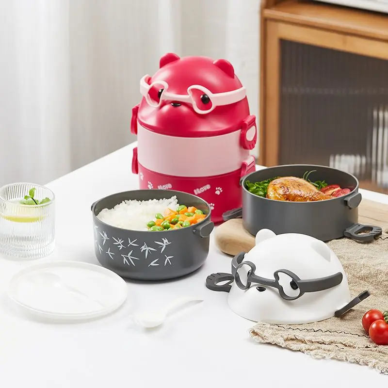 Stackable Bento Box Portable Cute Cartoon Children Lunch Box Double Layer Food Storage Container Eyeglass Bear Thermal Bento Box