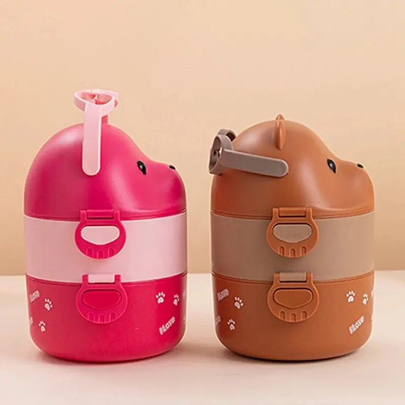 1600ML Eyeglass Bear Thermal Bento Lunch Box For Children Portable Double Layer Round Cartoon Microwave Food Storage Containers