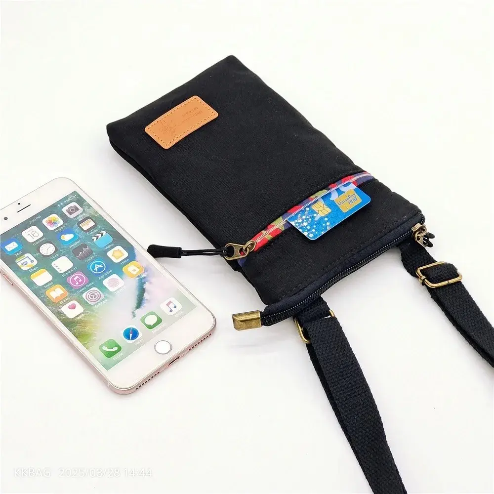 Solid Color Canvas 3 Layer Crossbody Cell Phone Bag Simple Cloth Women's Bag Fashion Satchel Shoulder Coin Purse