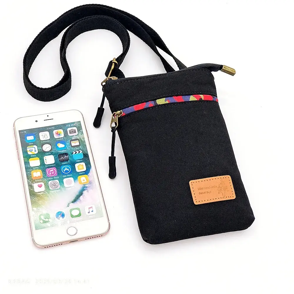 Solid Color Canvas 3 Layer Crossbody Cell Phone Bag Simple Cloth Women's Bag Fashion Satchel Shoulder Coin Purse
