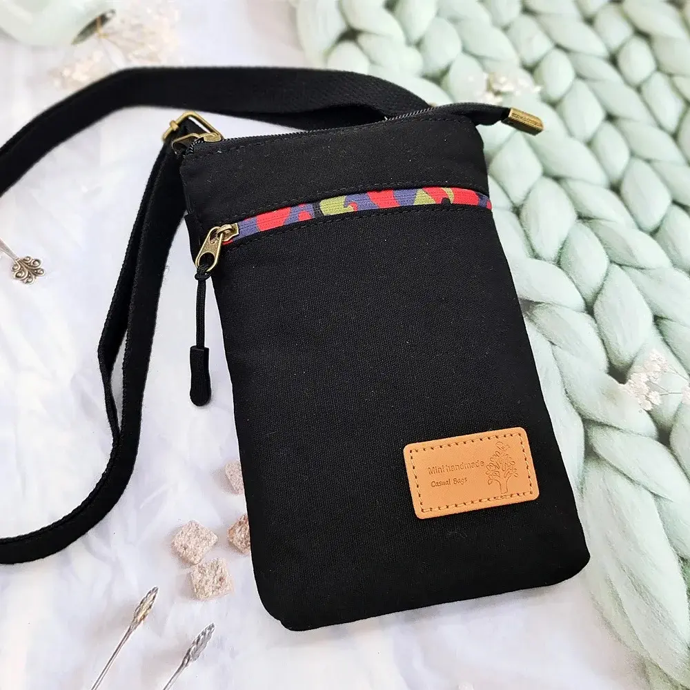 Solid Color Canvas 3 Layer Crossbody Cell Phone Bag Simple Cloth Women's Bag Fashion Satchel Shoulder Coin Purse