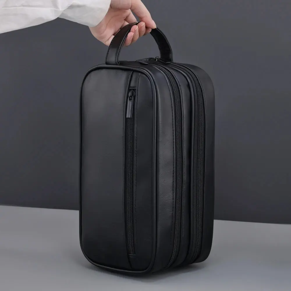Double-Layer Toiletry Bag for Men PU Leather Travel Wash Organizer Dopp Kit Water-resistant Shaving Cosmetic Bag Strorage