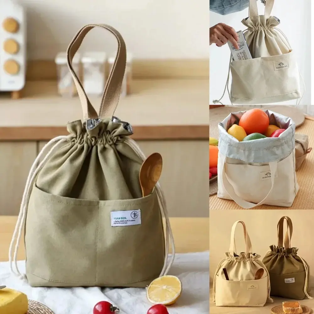 Drawstring Canvas Insulated Lunch Bag Thicken Aluminium Foil Thermal Bento Box Tote Cooler Handbags for Office Outdoor Picnic