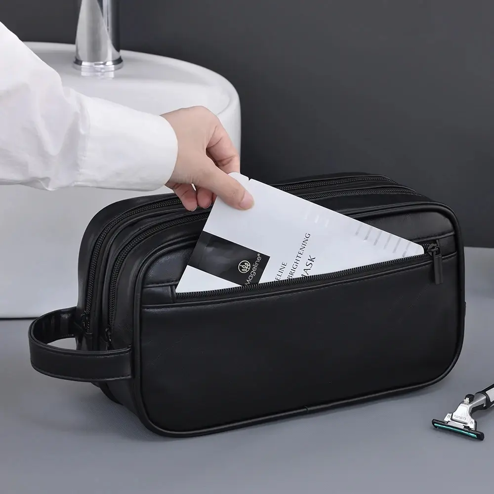 Double-Layer Toiletry Bag for Men PU Leather Travel Wash Organizer Dopp Kit Water-resistant Shaving Cosmetic Bag Strorage