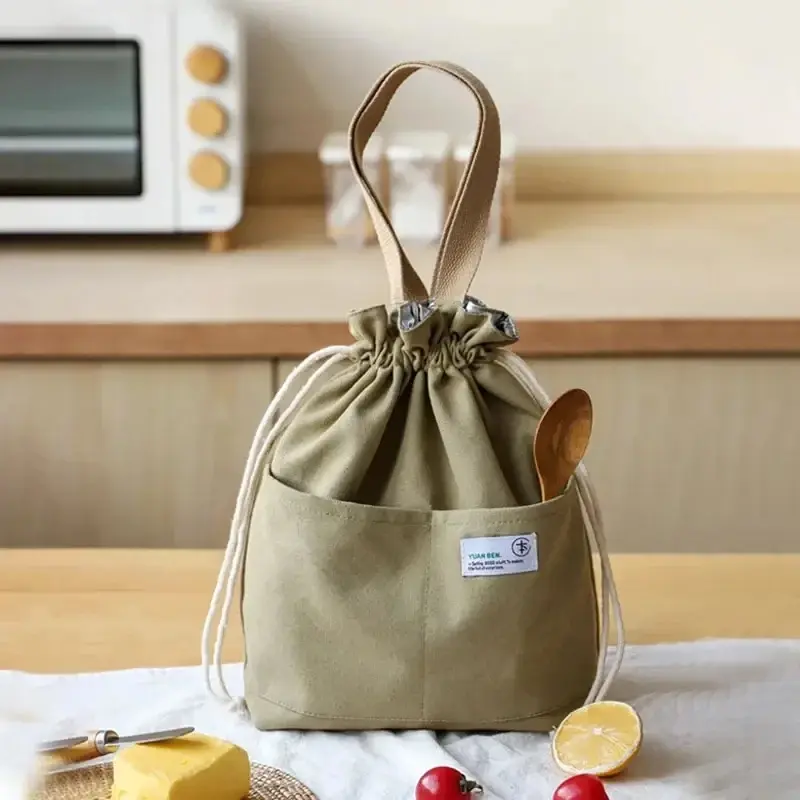 Drawstring Canvas Insulated Lunch Bag Thicken Aluminium Foil Thermal Bento Box Tote Cooler Handbags for Office Outdoor Picnic