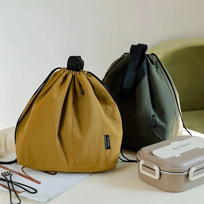 Japanese Korean Lunch Bag Cotton Canvas Large Solid Color Drawstring Portable Thermal Insulated Picnic Storage Bento Box Bag
