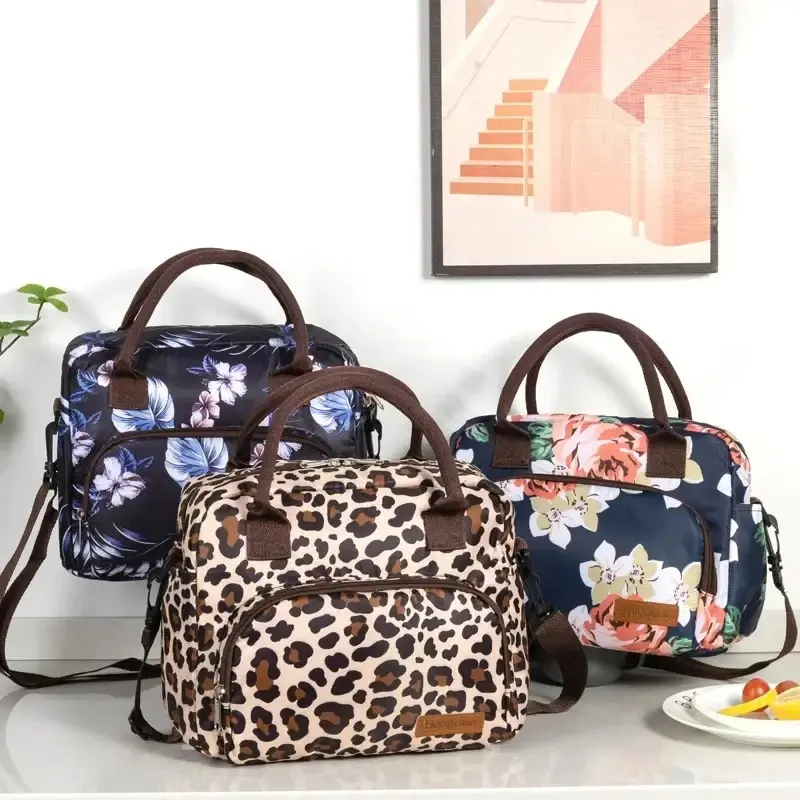 1Pc Printed Oxford Cloth Portable Lunch Cooler Bag with Insulated Thermal Lining Floral & Leopard Patterns Crossbody Handbag