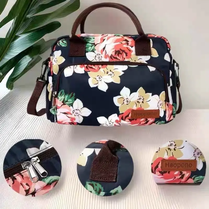 1Pc Printed Oxford Cloth Portable Lunch Cooler Bag with Insulated Thermal Lining Floral & Leopard Patterns Crossbody Handbag
