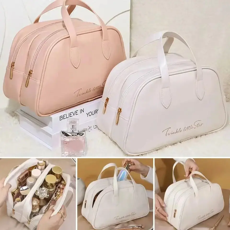 Large-Capacity Double Layer Travel Cosmetic Bag Portable PU Makeup Pouch Women Waterproof Bathroom Washbag Multifunctional Bag