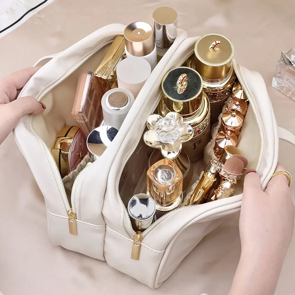 Large-Capacity Double Layer Travel Cosmetic Bag Portable PU Makeup Pouch Women Waterproof Bathroom Washbag Multifunctional Bag