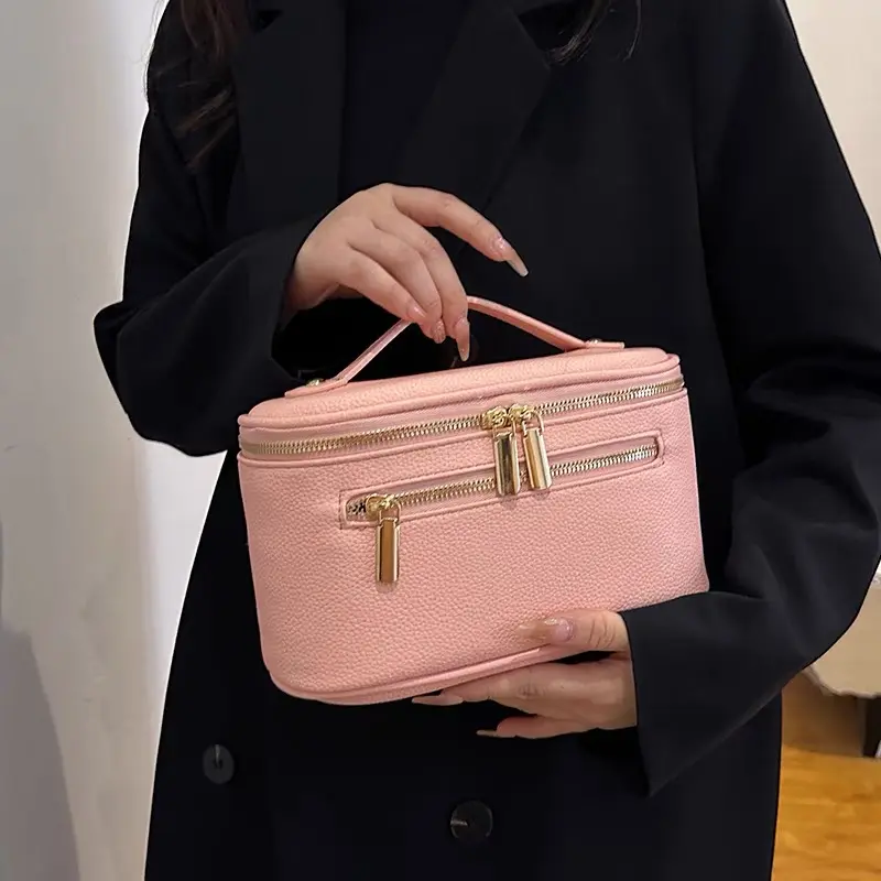 Double Zipper Travel Makeup Bag for Women Cosmetic Bag Portable Large Capacity Makeup Bag Storage Organizer Leather Toiletry Bag