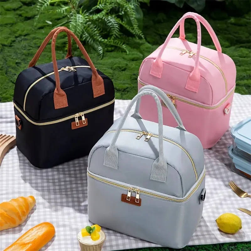 Double Layer Aluminum Foil Lunch Bag Large Capacity Bento Box Handbag Student Takeaway Meal Bag Insulated Food Storage Pouch
