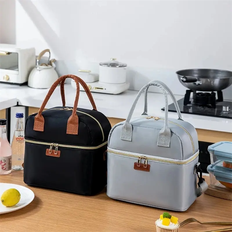Double Layer Aluminum Foil Lunch Bag Large Capacity Bento Box Handbag Student Takeaway Meal Bag Insulated Food Storage Pouch