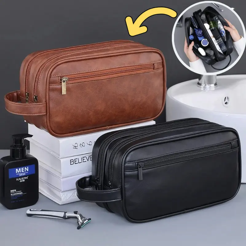 PU Leather Toiletry Bag for Men Women Double-Layer Travel Wash Organizer Dopp Kit Water-resistant Shaving Cosmetic Bag Strorage