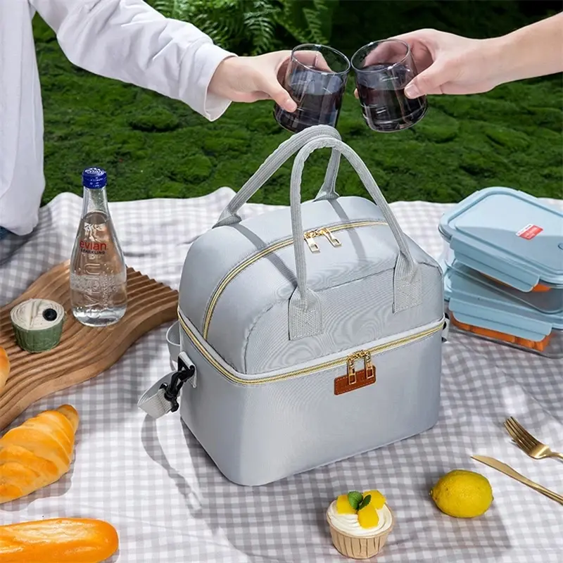 Double Layer Aluminum Foil Lunch Bag Large Capacity Bento Box Handbag Student Takeaway Meal Bag Insulated Food Storage Pouch