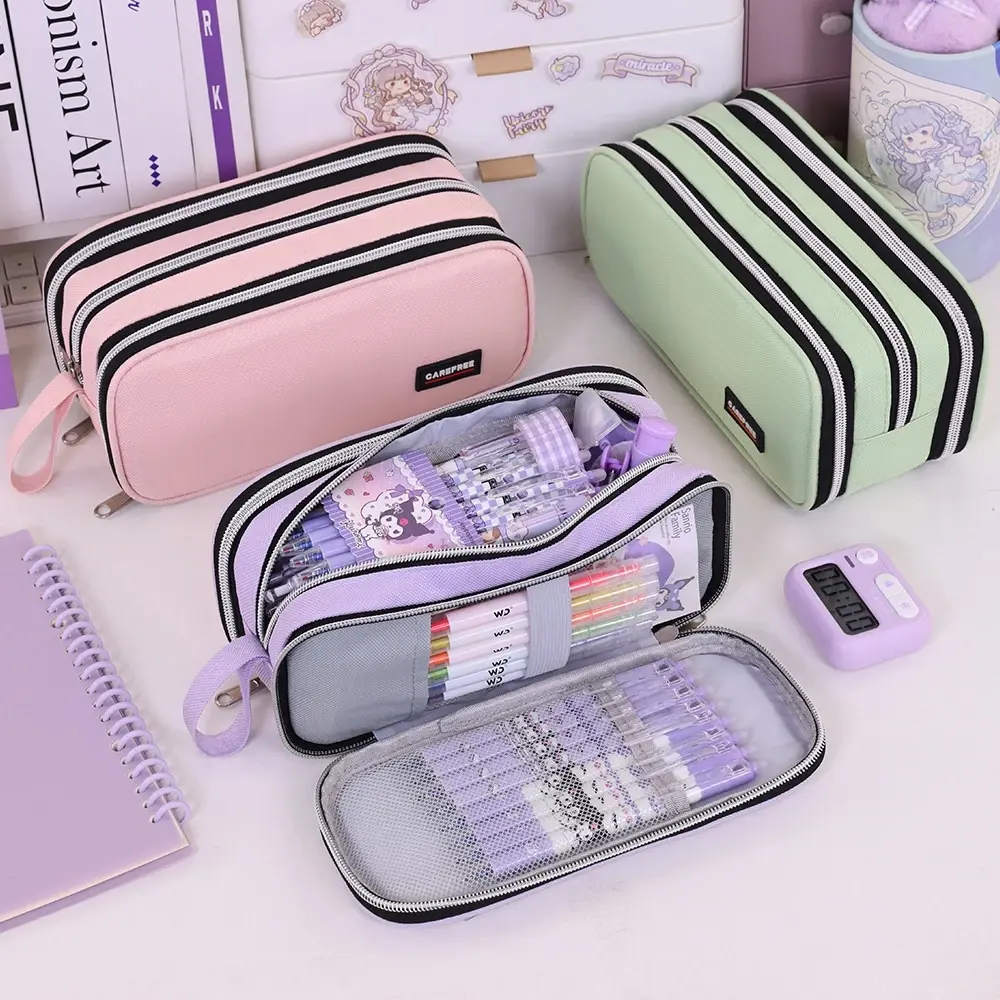 3 Compartment Pouch Double Side Opened Student Stationery Desk Organizer School Supplies Kawaii Pencil Case Large Space Storage
