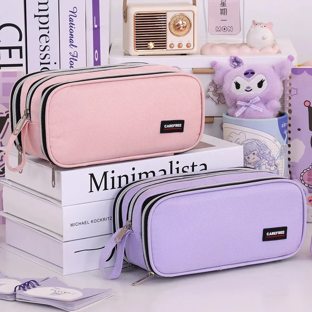 3 Compartment Pouch Double Side Opened Student Stationery Desk Organizer School Supplies Kawaii Pencil Case Large Space Storage