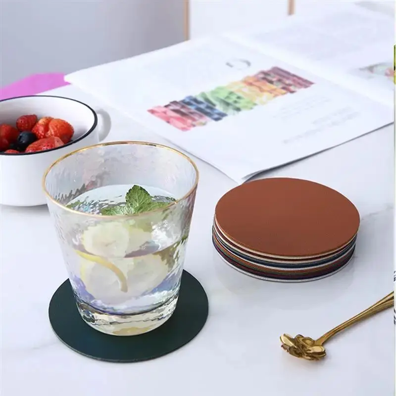 Faux Leather Coaster Waterproof Heat Resistant Round Cup Coaster Cup Mat Tableware Insulation Mat Bowl Placemat Home Decor