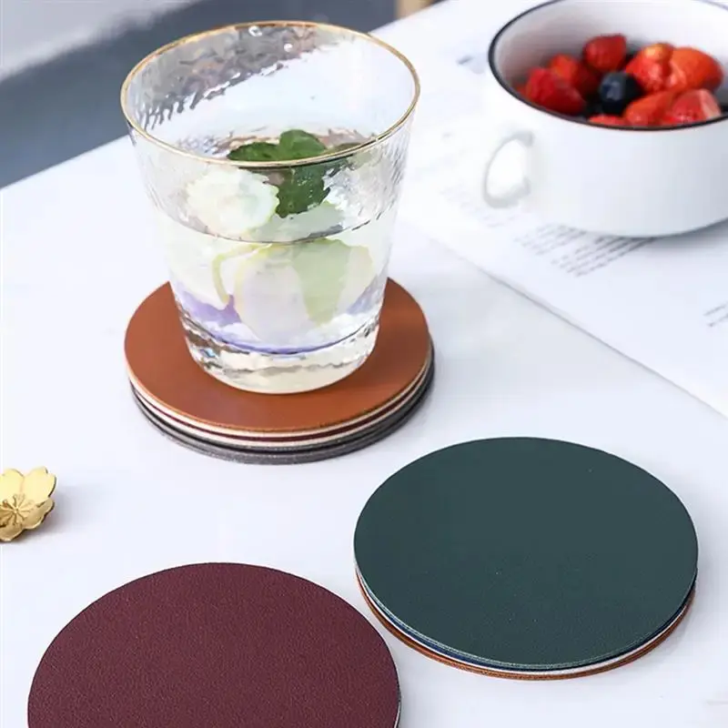 Faux Leather Coaster Waterproof Heat Resistant Round Cup Coaster Cup Mat Tableware Insulation Mat Bowl Placemat Home Decor