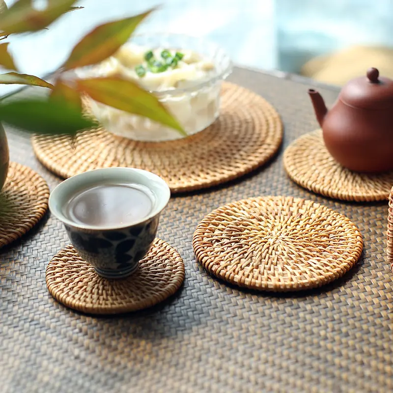 6Pcs/set Round Natural Rattan Coasters Bowl Pad Handmade Padding Cup Mat Insulation Placemats Kitchen Decoration Accessories