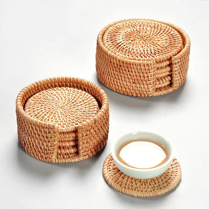 6Pcs/set Round Natural Rattan Coasters Bowl Pad Handmade Padding Cup Mat Insulation Placemats Kitchen Decoration Accessories