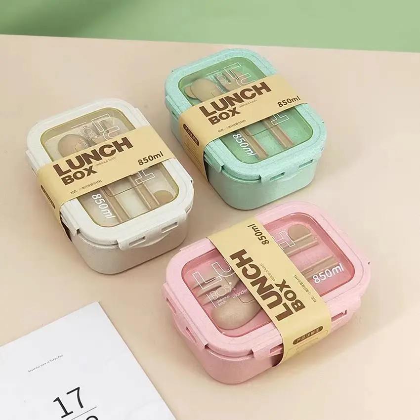 1100ML Lunch Box For Kids School Adults Office Wheat Straw Microwave Picnic Storage Portable Big Bento Box With Spoon Chopsticks