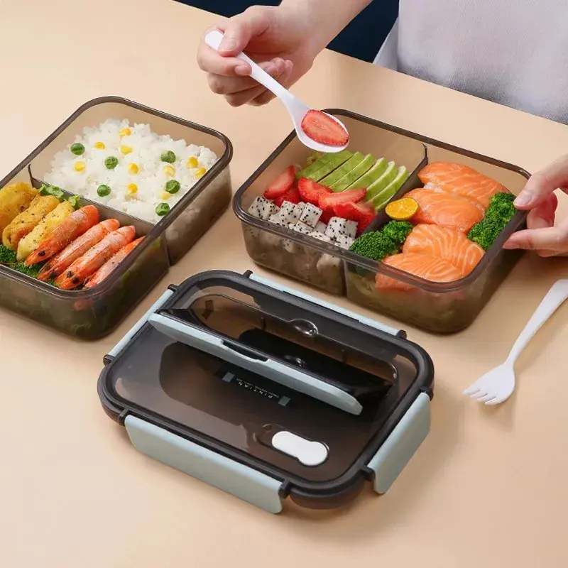 1500ML Lunch Box Food Storage Box 3 Grids Student Office Worker Microwave Bento Box Outdoor Picnic Container With Fork Spoon