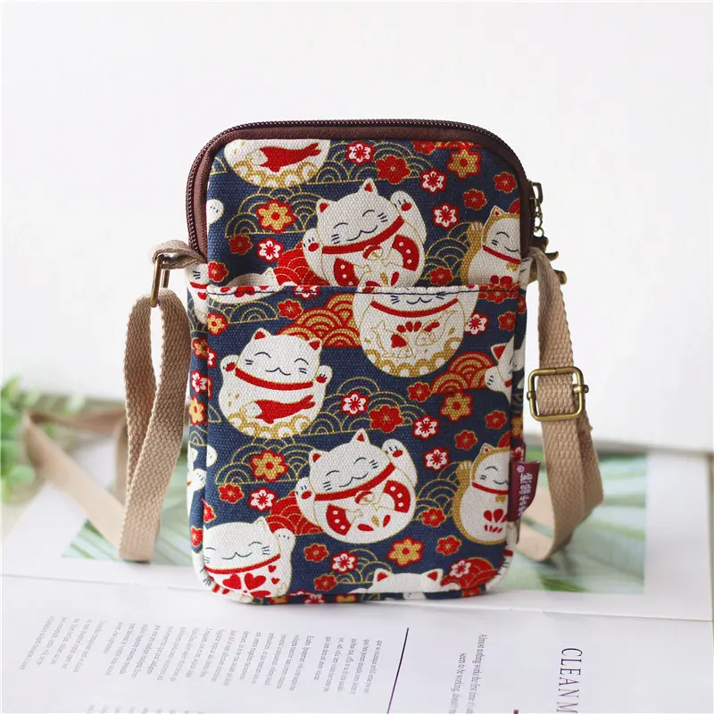 Cute Cat Animal Print Crossbody Bag Kawaii Canvas Phone Purse Small Shoulder Bag With Adjustable Strap Purses and Handbags