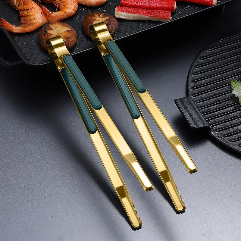 Gold Stainless Steel Food Tongs Non-Slip Serving Tongs For BBQ Meat Salad Bread Kitchen Accessories Cooking Utensils