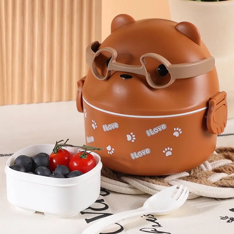 Single Layer Bear Design Japanese Bento Lunch Box Multi-Compartment Portable Large Capacity with Spoon Office Workers Students‌