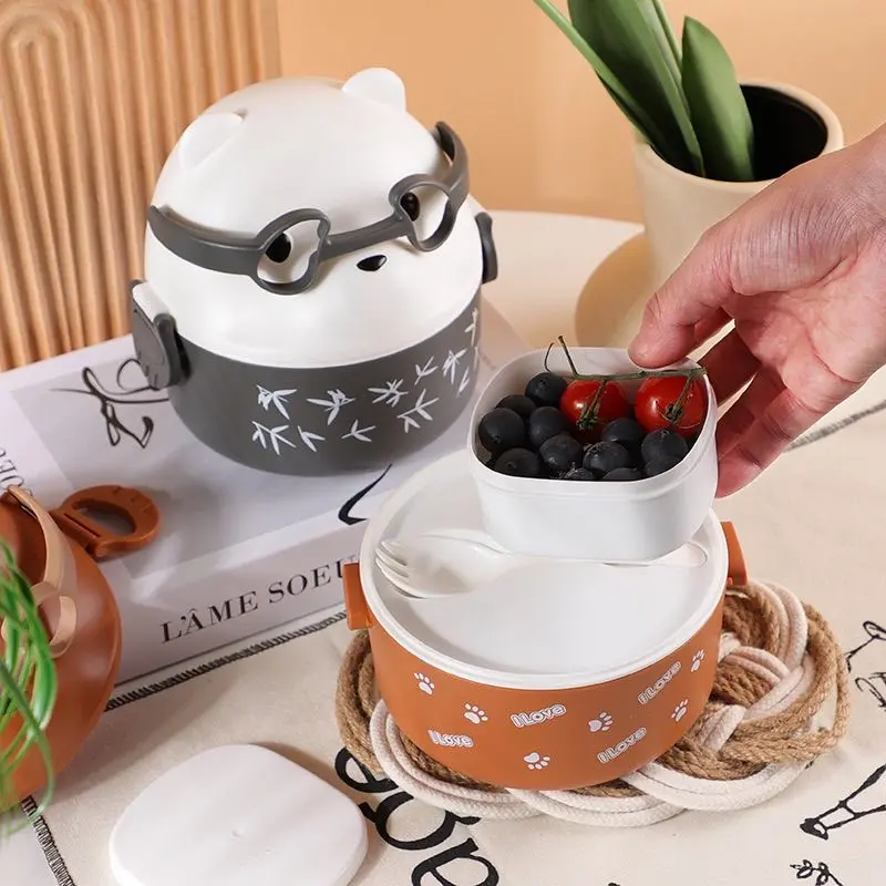 Single Layer Bear Design Japanese Bento Lunch Box Multi-Compartment Portable Large Capacity with Spoon Office Workers Students‌
