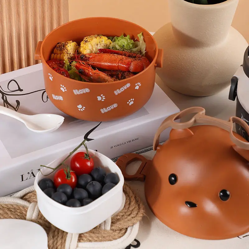 Single Layer Bear Design Japanese Bento Lunch Box Multi-Compartment Portable Large Capacity with Spoon Office Workers Students‌