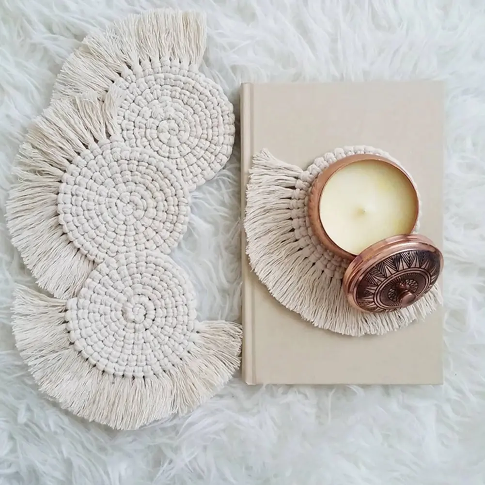 Round Cotton Braid Coaster Tassel Placemat Handmade Macrame Cup Cushion Bohemia Style Non-slip Cup Mat Coffee Pad Table Decor