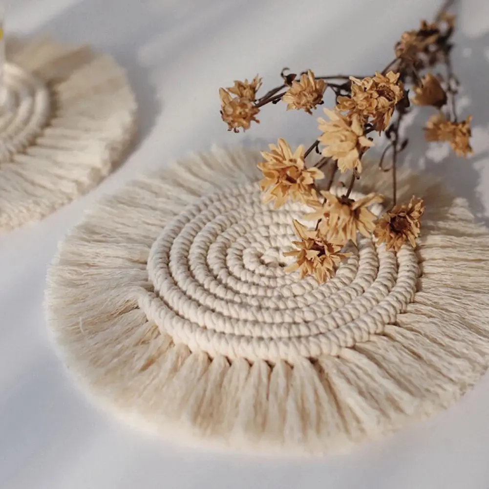 Round Cotton Braid Coaster Tassel Placemat Handmade Macrame Cup Cushion Bohemia Style Non-slip Cup Mat Coffee Pad Table Decor