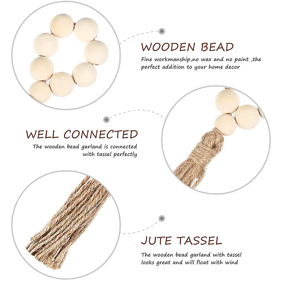 Natural Wood Beads Table Art Napkin Rings Setting with Jute Tassels Designed Serving Dinner Cloth Holders Wedding Party Kitchen