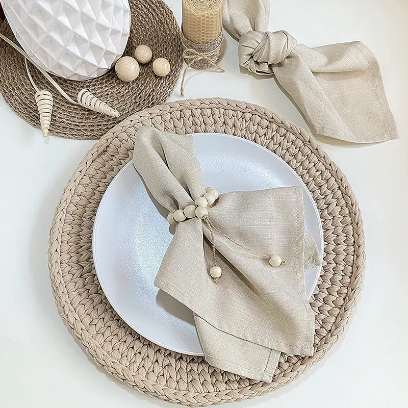 Natural Wood Beads Table Art Napkin Rings Setting with Jute Tassels Designed Serving Dinner Cloth Holders Wedding Party Kitchen