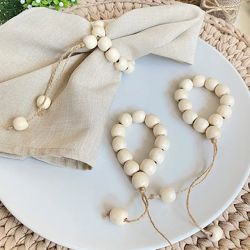 Natural Wood Beads Table Art Napkin Rings Setting with Jute Tassels Designed Serving Dinner Cloth Holders Wedding Party Kitchen