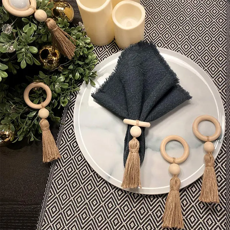 Natural Wood Beads Table Art Napkin Rings Setting with Jute Tassels Designed Serving Dinner Cloth Holders Wedding Party Kitchen