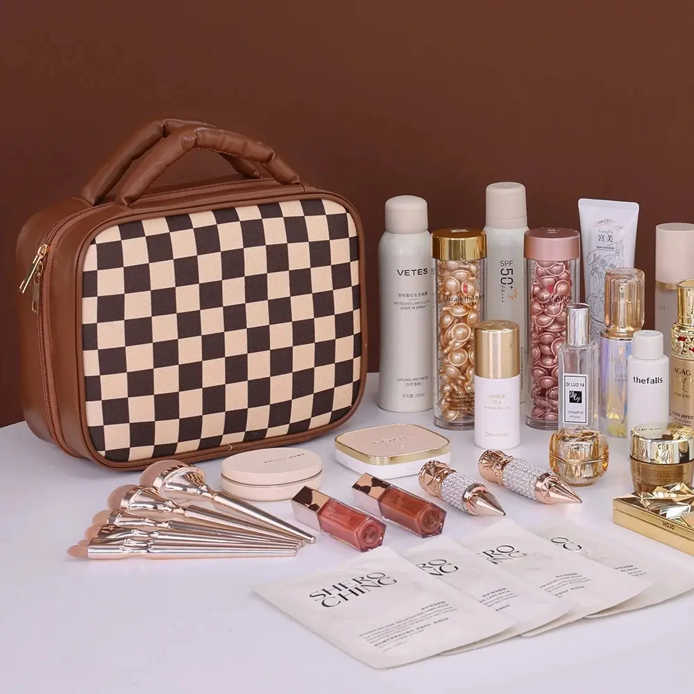 Luxury Checkered Cosmetic Bag For Women Large Capacity Waterproof Makeup Toiletry Bag Brown Melard Travel Wash Storage Bag