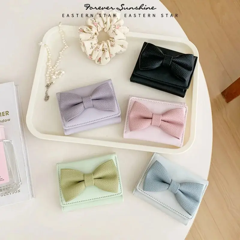 Women Wallet Foldable Portable Ladies Short Coin Purses Cute Bow Clutch Bag PU Leather Girls Gift Female Card Holder Purse
