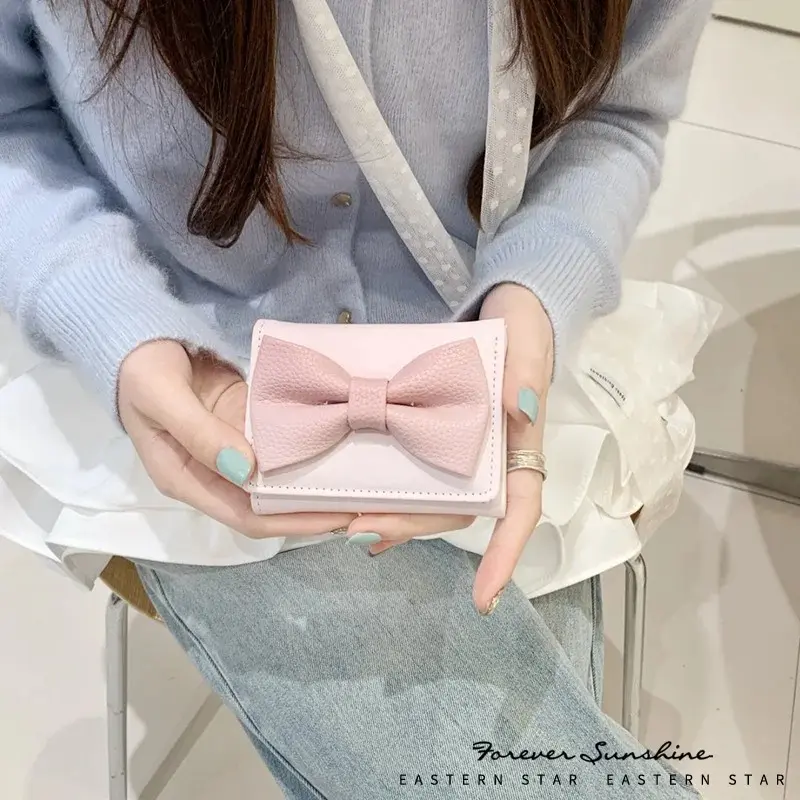 Women Wallet Foldable Portable Ladies Short Coin Purses Cute Bow Clutch Bag PU Leather Girls Gift Female Card Holder Purse